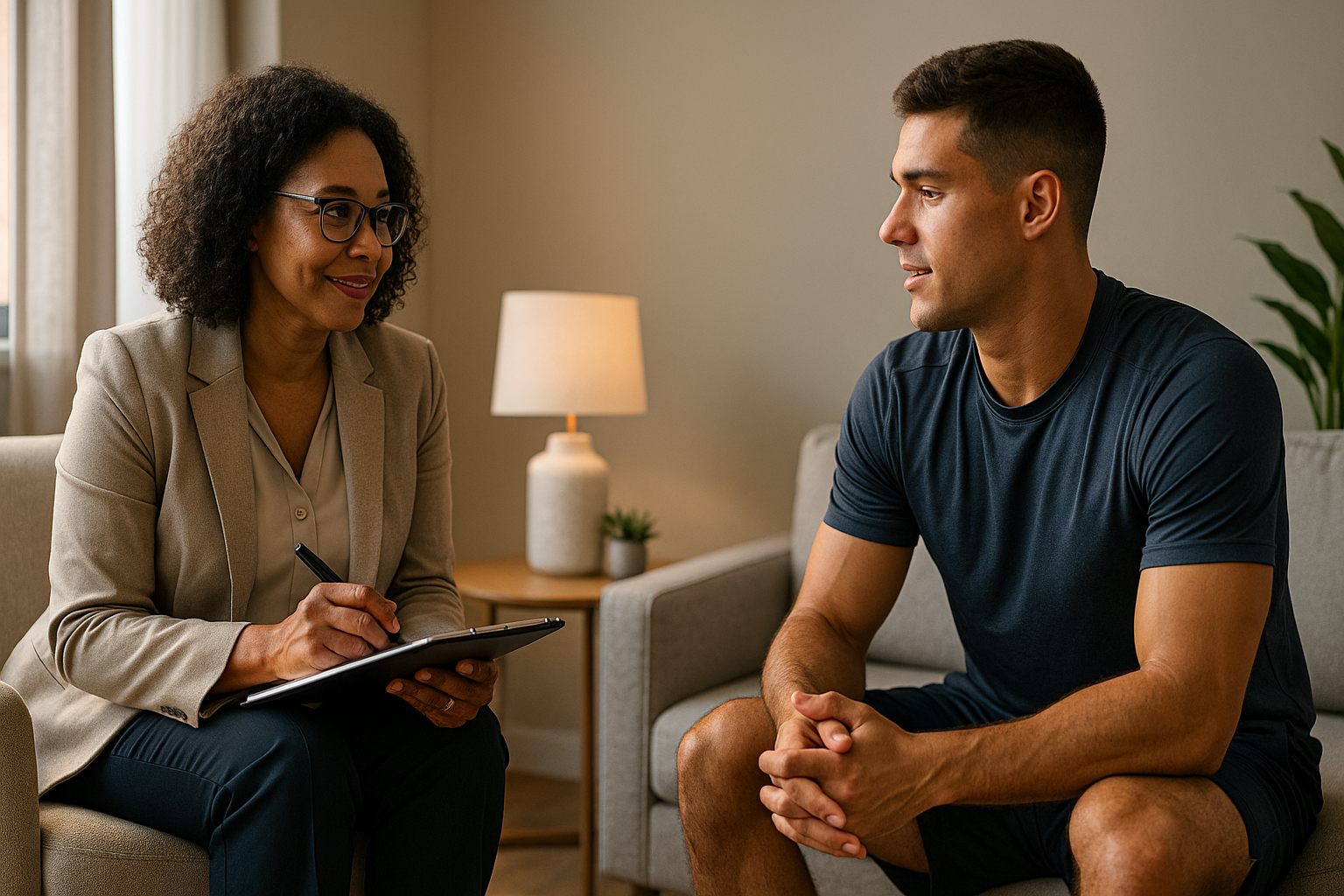Sports medicine physician consulting with athlete demonstrating personalized treatment approach and assessment