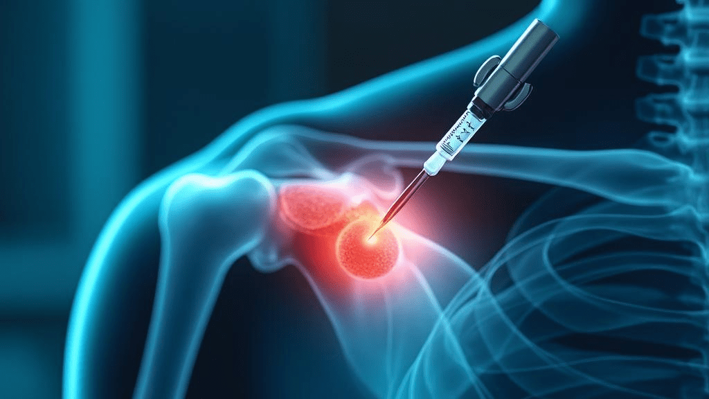 Close up of PRP injection procedure showing precise ultrasound guided needle placement in shoulder joint