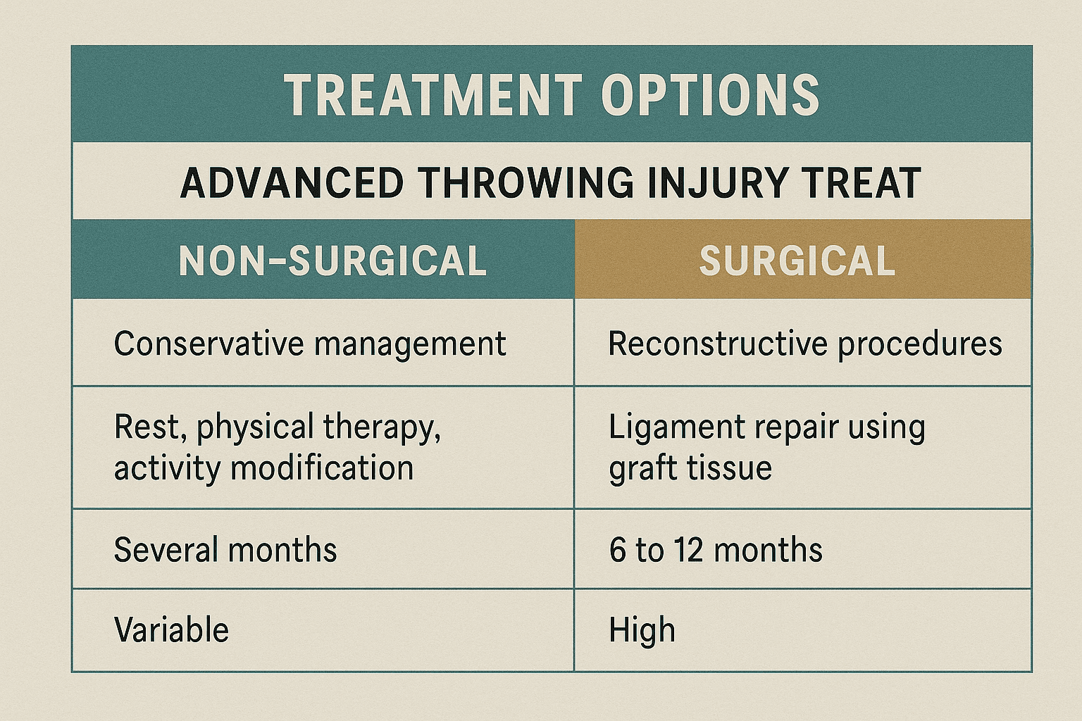 Treatment comparison table showing advanced throwing injury treatment options