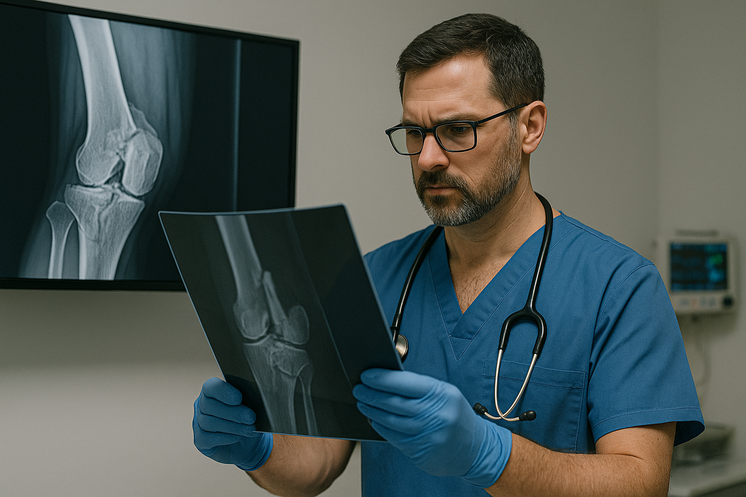 Complex fracture X-ray being examined by general orthopedic trauma specialist