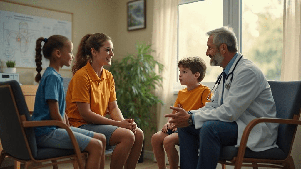 Family consultation discussing pediatric sports injury treatment options with FSI specialists