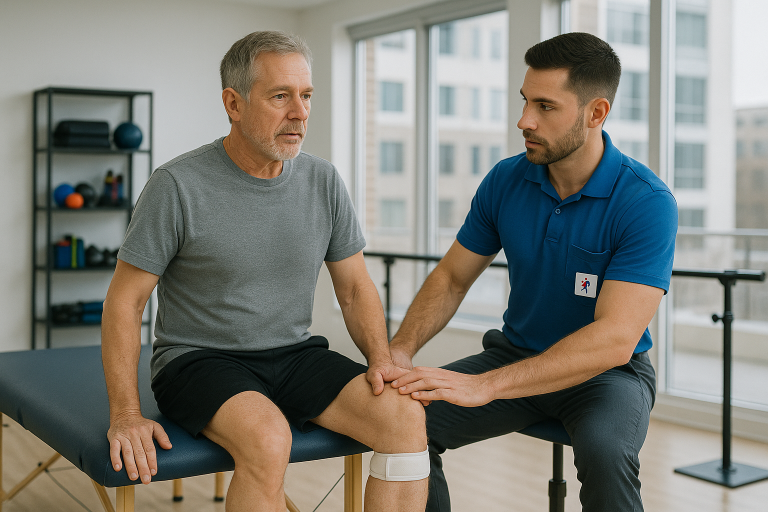Patient working with physical therapist during general orthopedic trauma rehabilitation