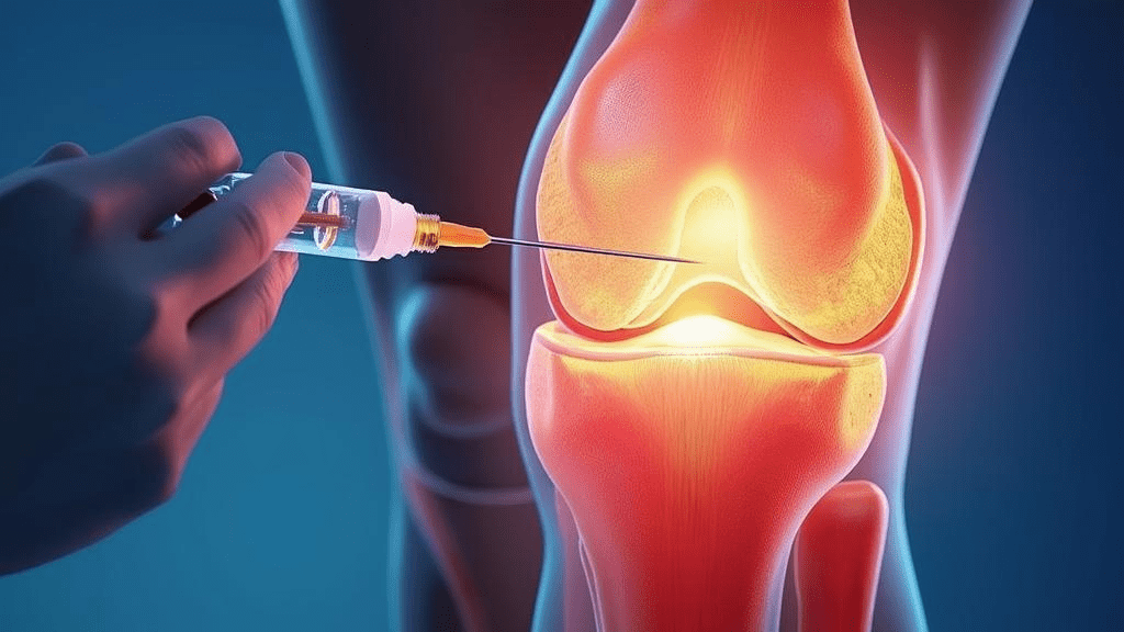  Medical diagram showing hyaluronic acid gel injection into knee joint anatomy