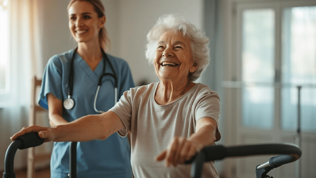  Patient working physical therapist rehabilitation exercises following successful joint replacement surgery
