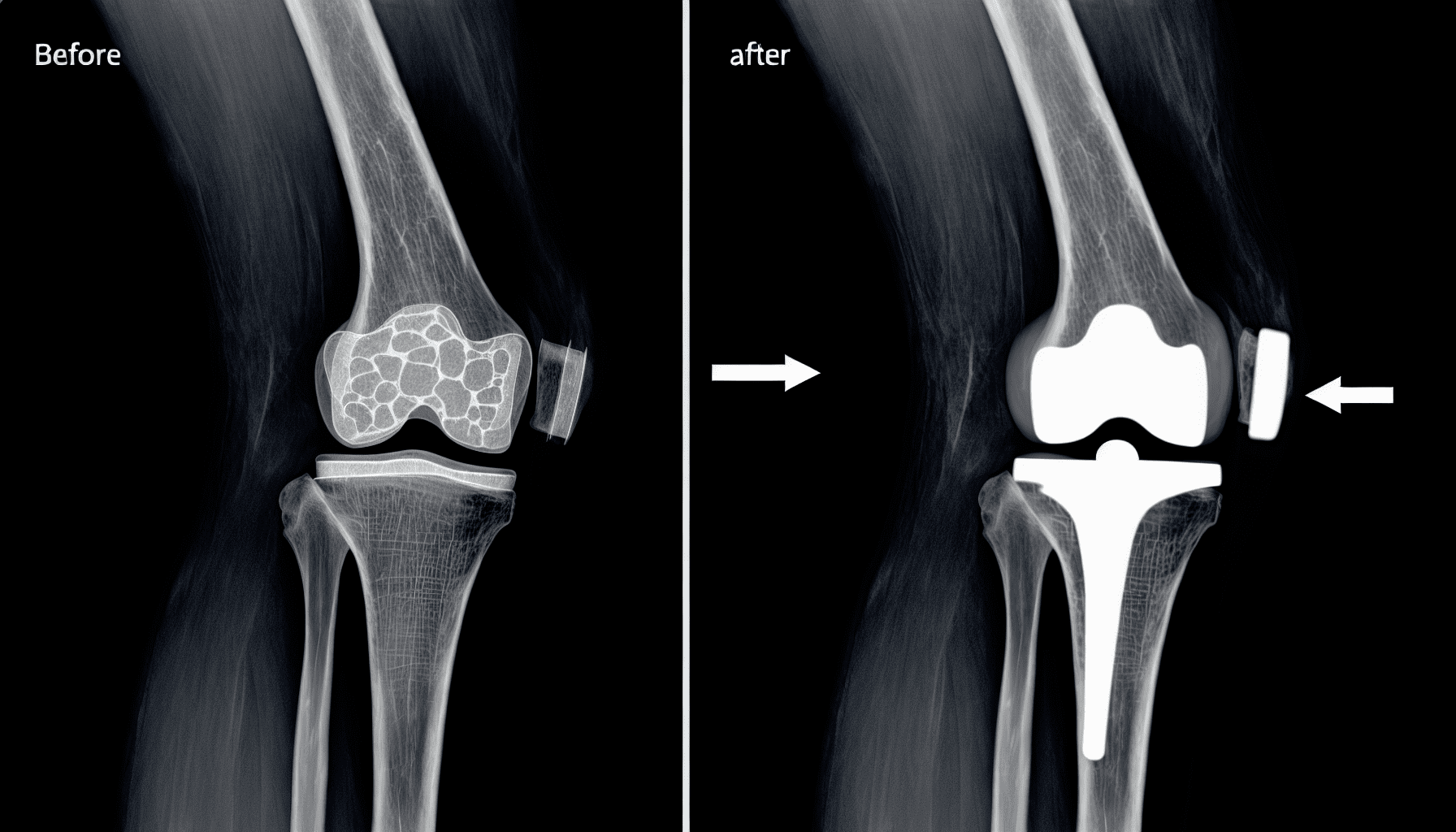 Medical X ray comparison showing damaged joint before surgery successful implant after replacement