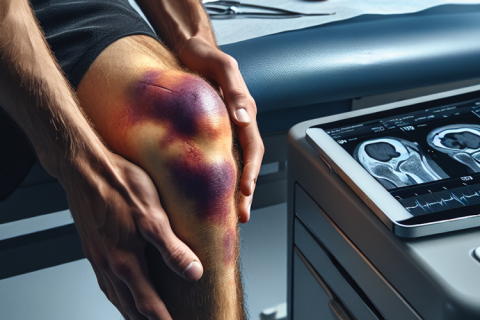Forensic-style photo of acute knee injury during clinical exam showing swelling, bruising and medical tools, captured with Kodak Portra 400 film realism