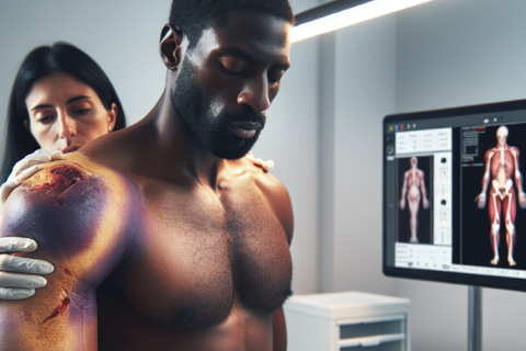 Detailed forensic photo of doctor examining athlete's swollen shoulder in modern clinic, natural lighting highlighting bruising and medical tools
