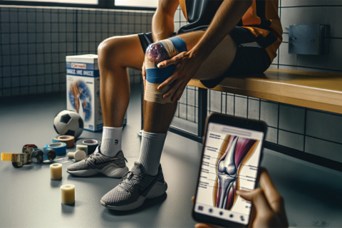 Documentary-style photo of acute knee trauma treatment showing swelling, medical wrap, and contemporary sports clinic environment