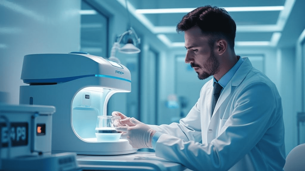 Professional medical consultation showing PRP preparation in modern clinical setting with advanced centrifuge equipment