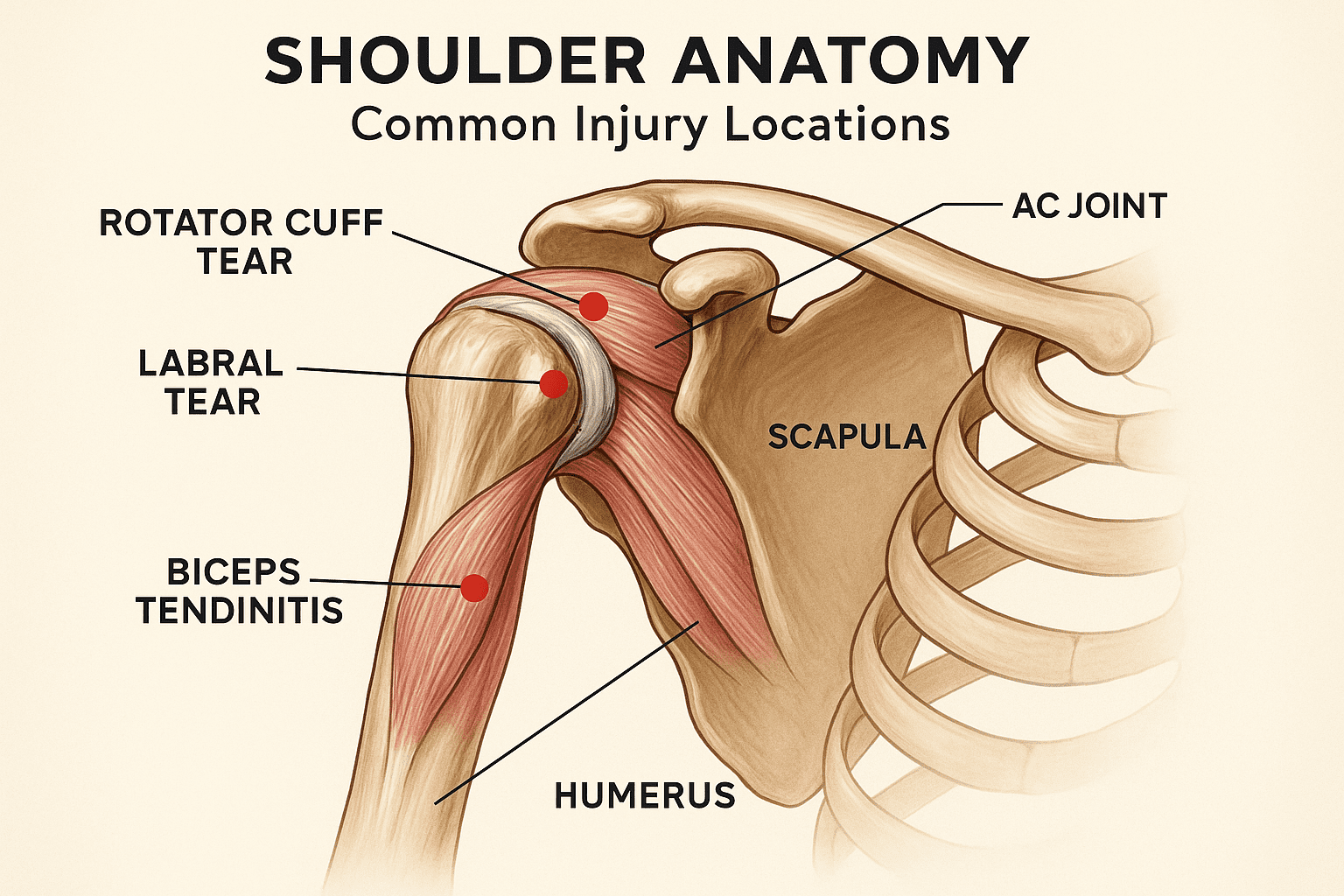 Detailed shoulder joint anatomy diagram highlighting injury areas