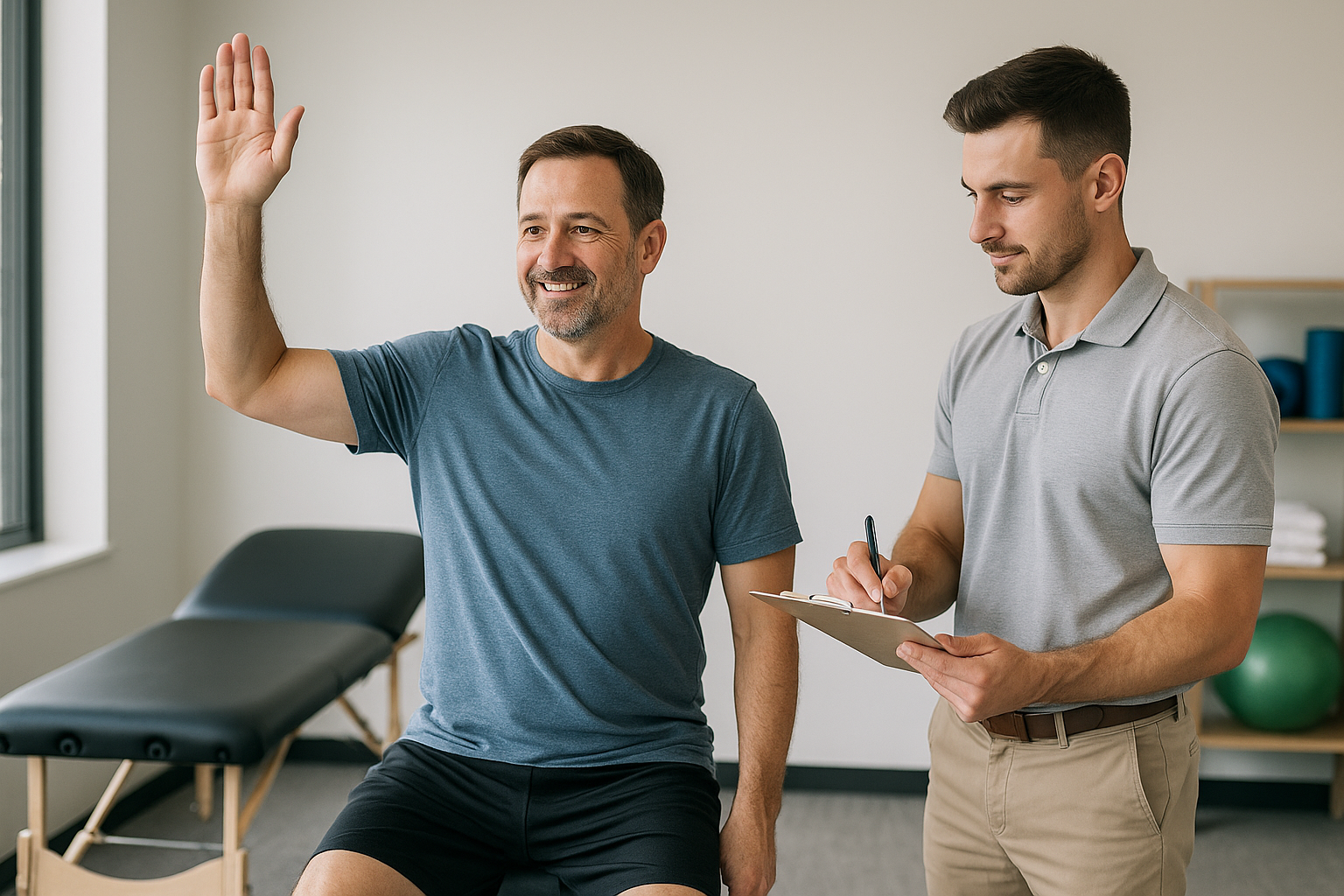 Patient completing functional movement assessment with physical therapist