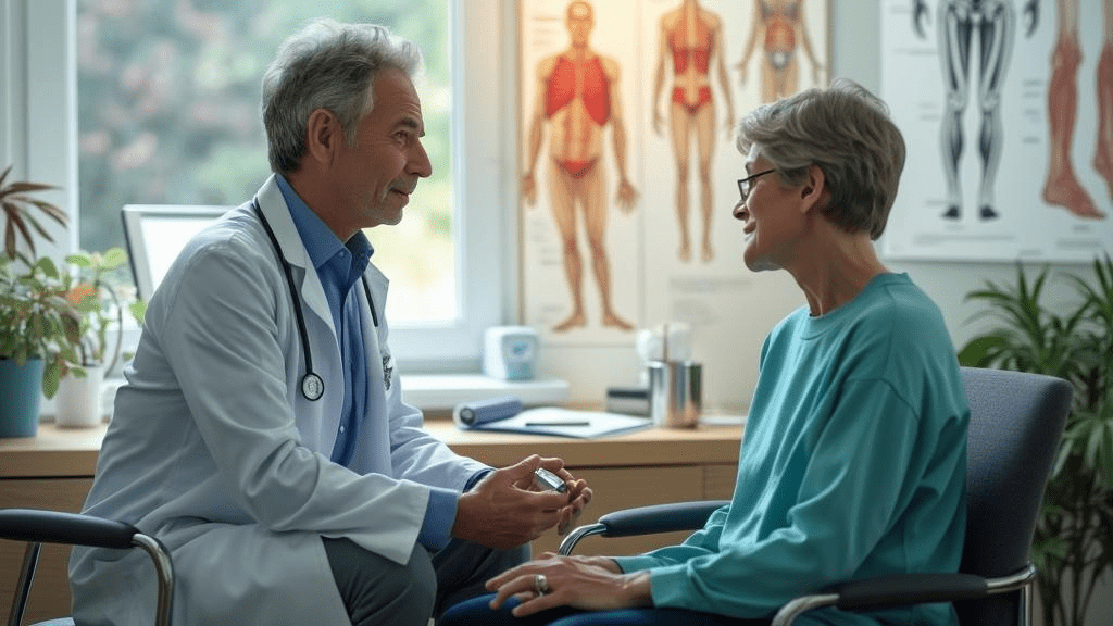 Orthopedic doctor explaining viscosupplementation injection procedure to knee osteoarthritis patient