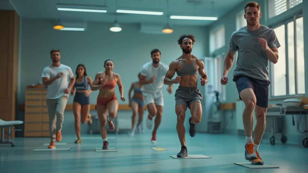 Professional athletes working with sports medicine specialists in modern rehabilitation facility during training