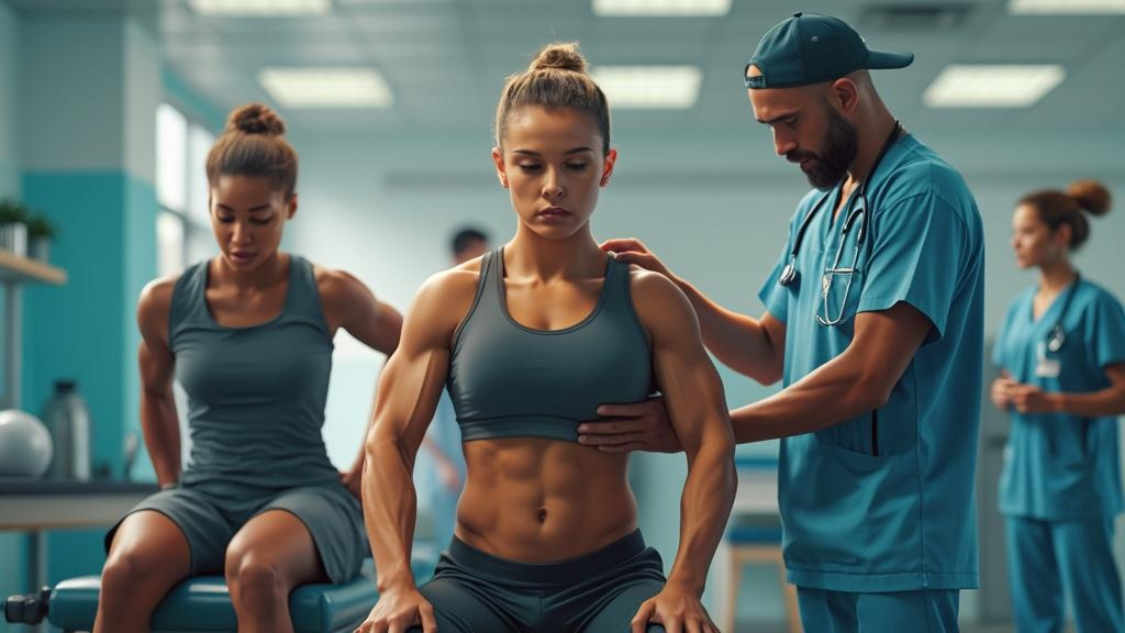 Professional athletes working with sports medicine specialists in modern rehabilitation facility during training
