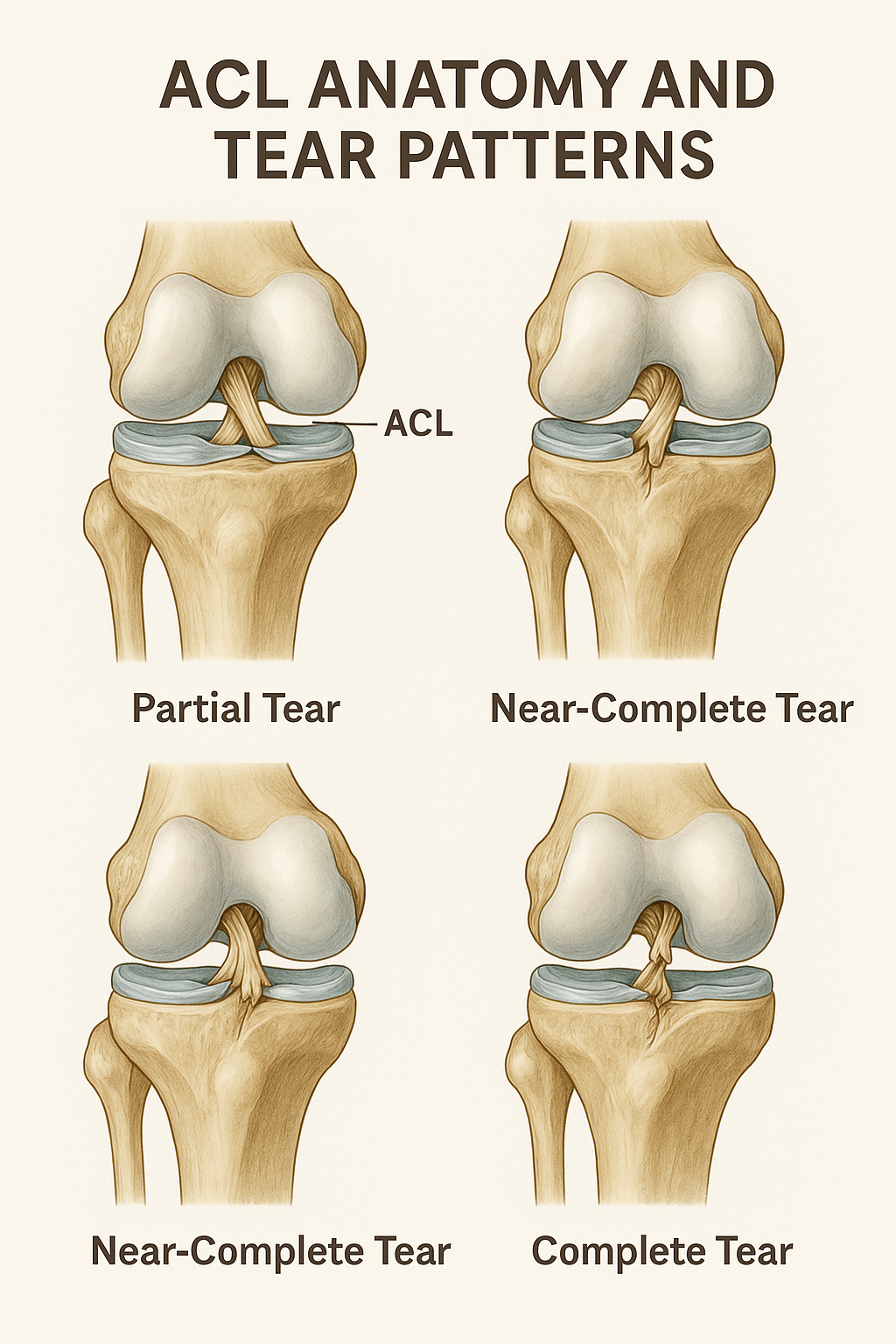 Knee ligament anatomy diagram showing ACL repair Clermont treatment areas 