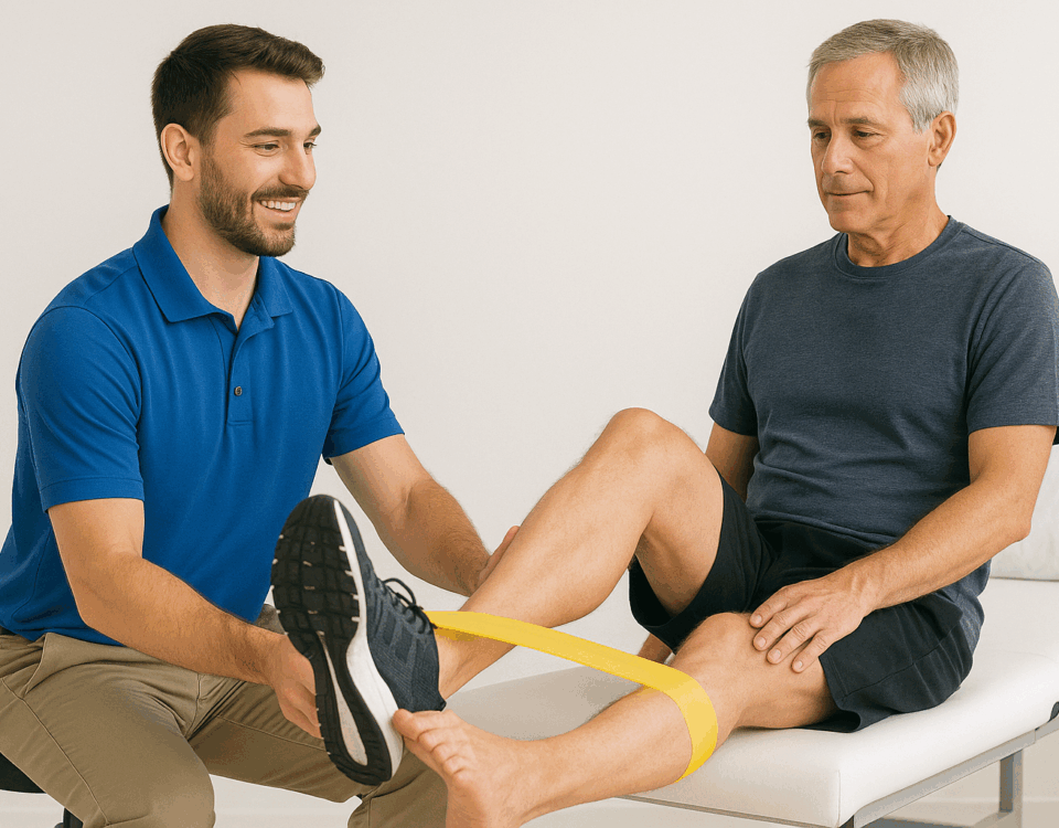 Physical therapist guiding patient through knee rehabilitation exercises post-surgery