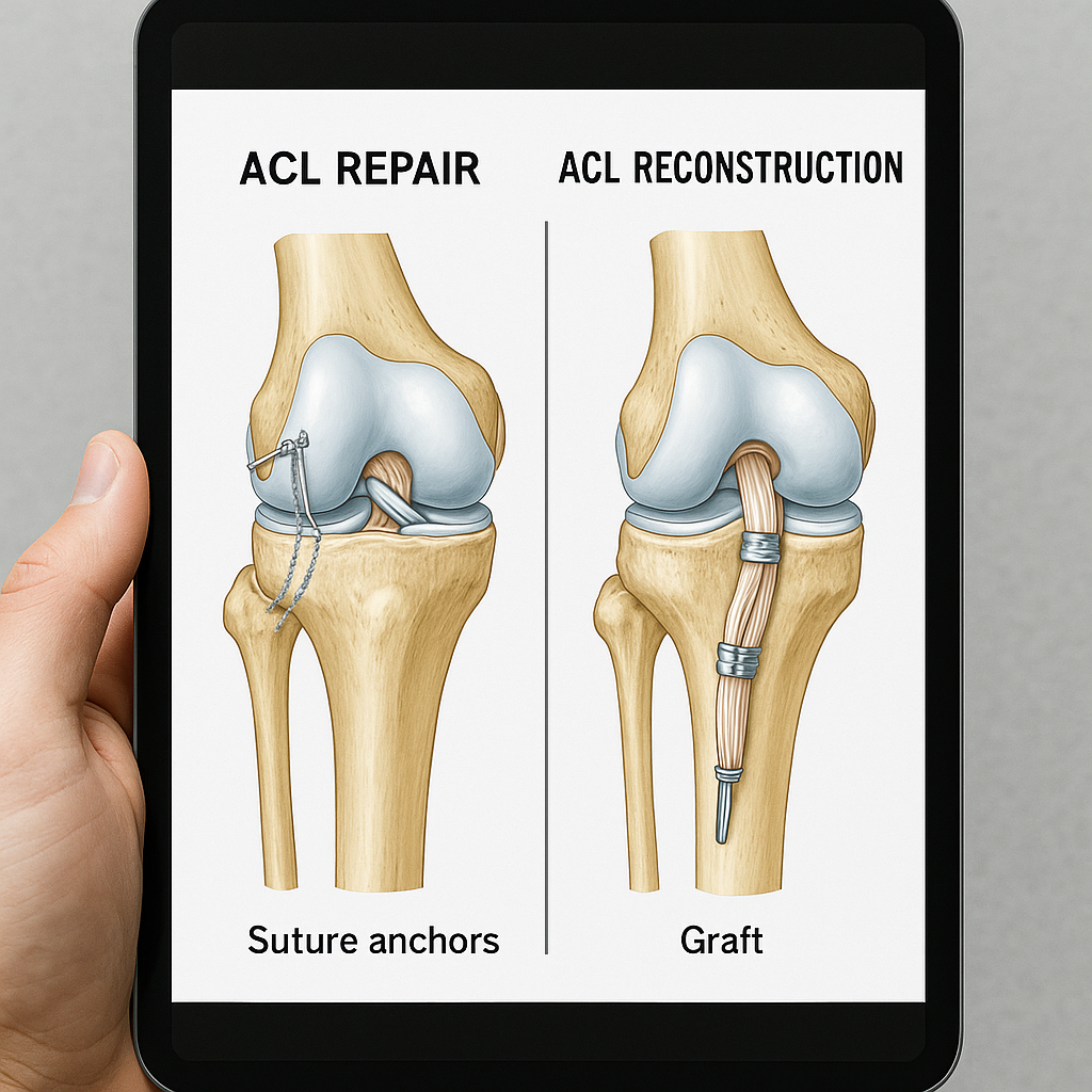 ACL surgery Clermont comparison chart showing repair versus reconstruction techniques