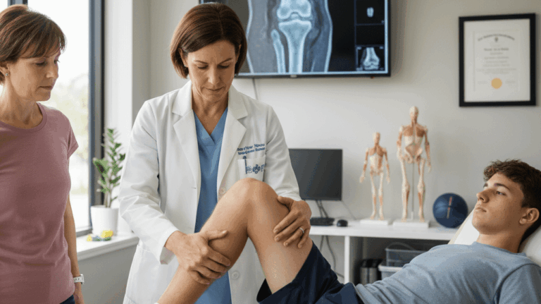 Orthopedic specialist assessing a teen’s knee while a parent observes during a clinic exam