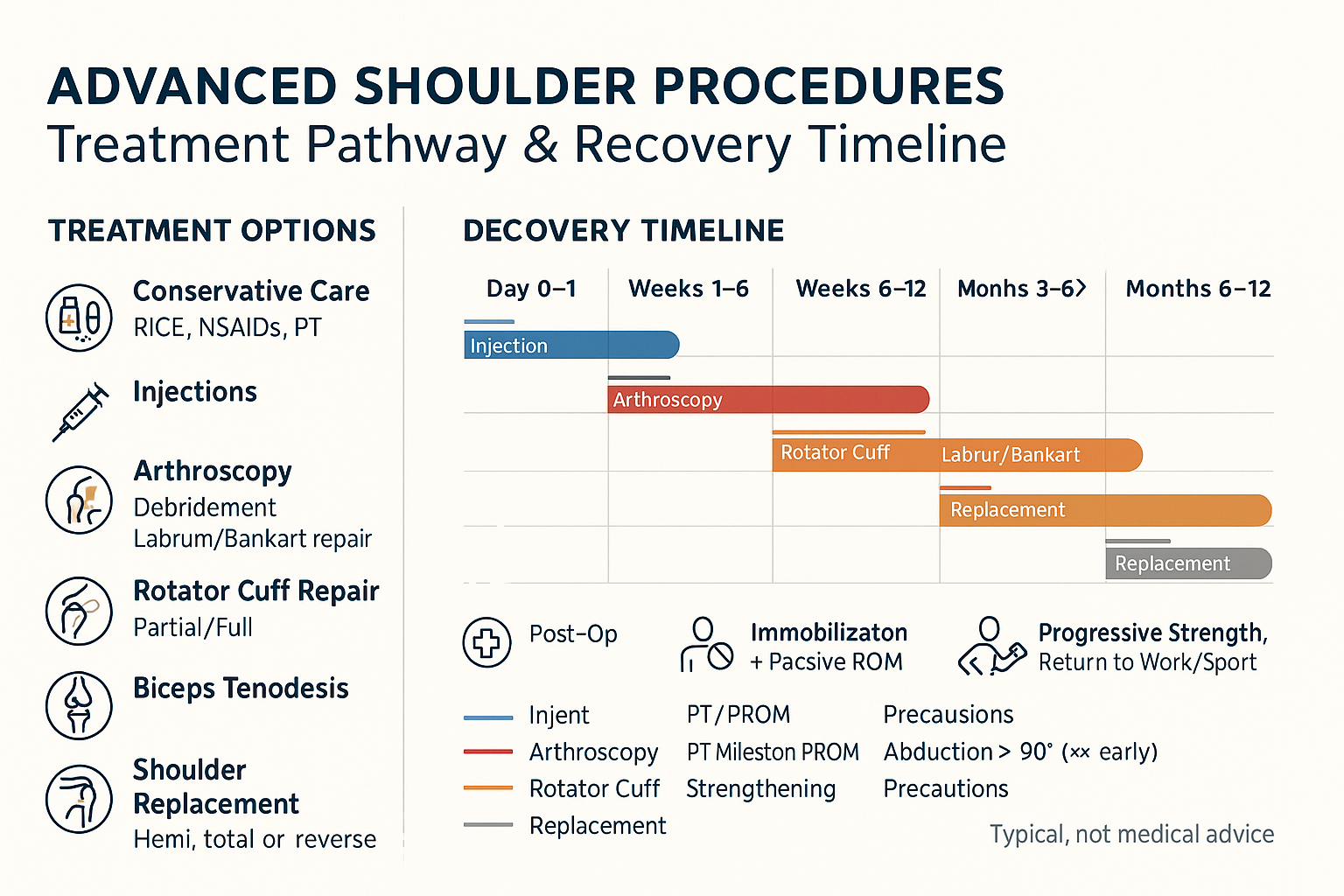 Advanced shoulder procedures recovery timeline infographic showing treatment options process