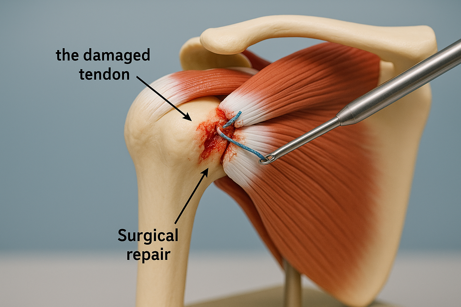 Detailed rotator cuff anatomy model demonstrating torn tendon and surgical repair methodology for patient education