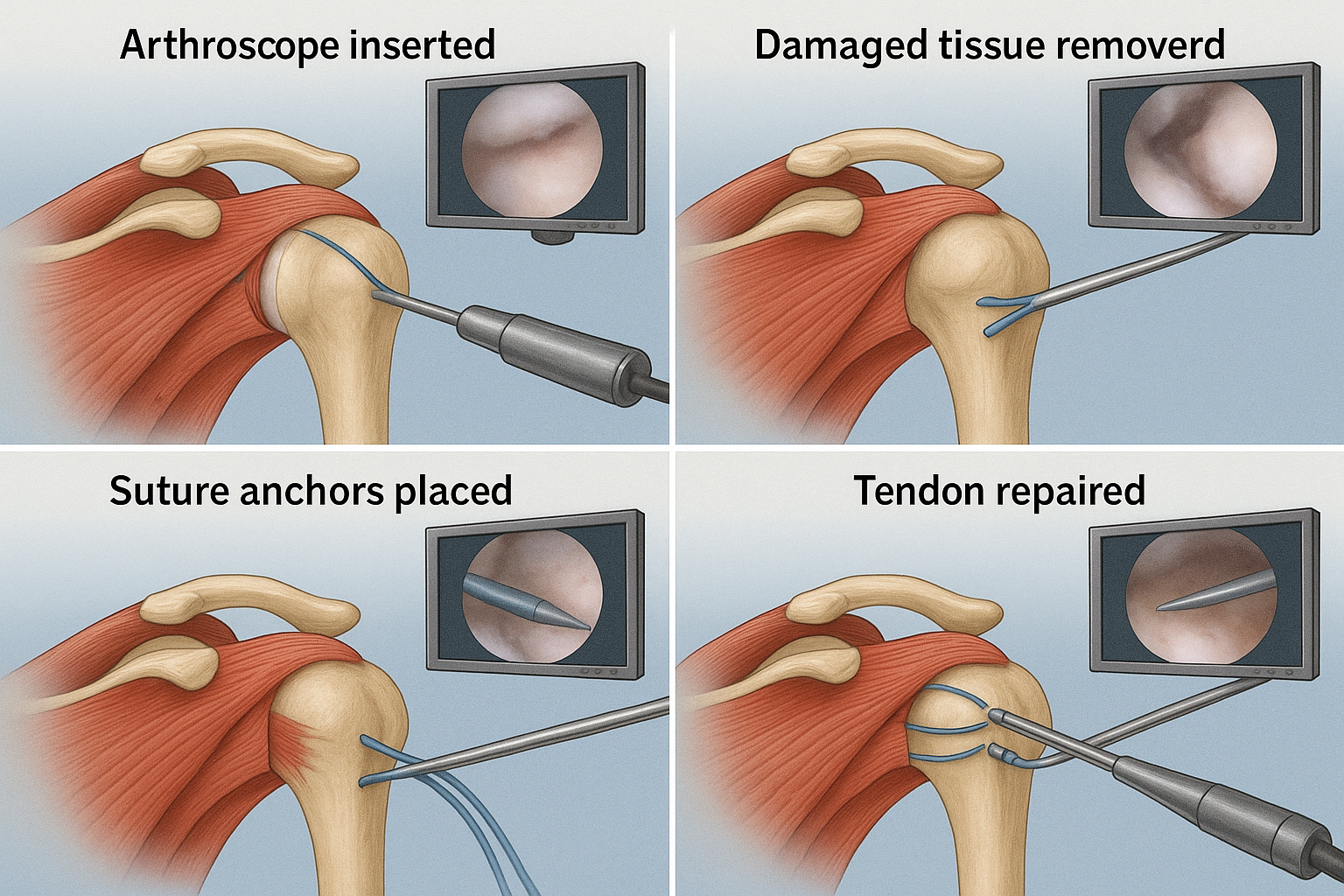 Step-by-step arthroscopic rotator cuff repair surgery showing surgical instruments and real-time monitor visualization