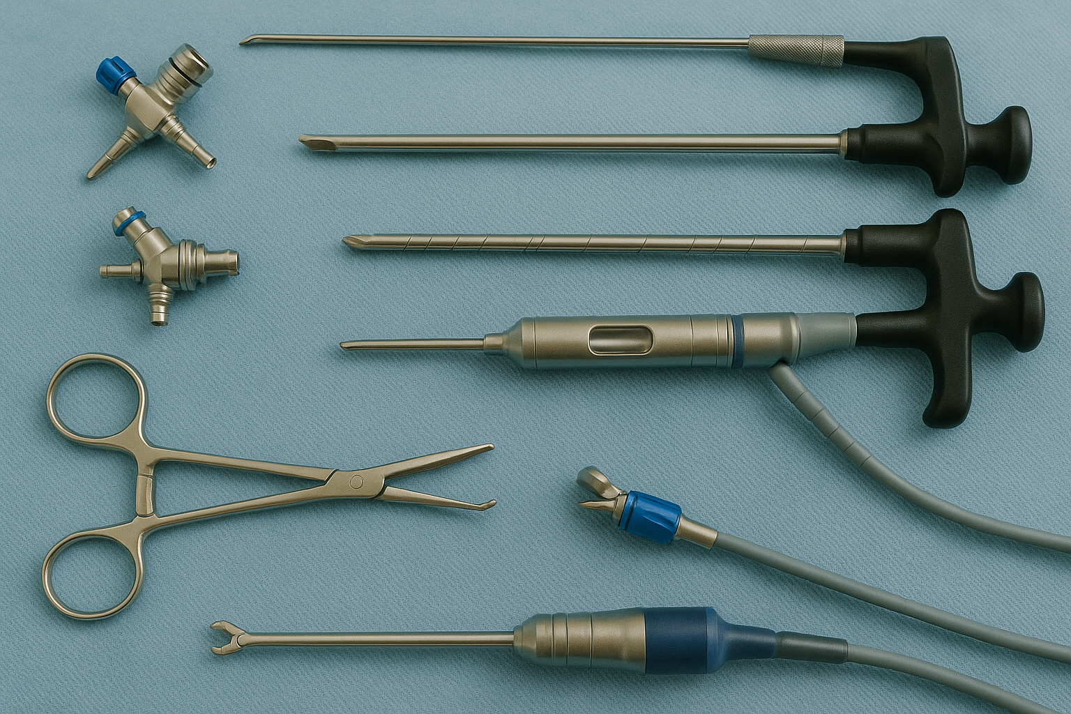 Close-up view of sterile arthroscopic shoulder surgery instruments on surgical table showing precision medical tools