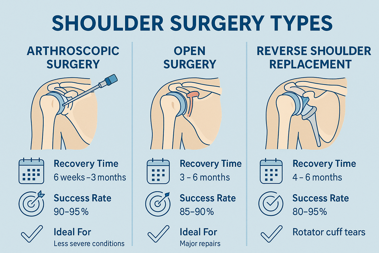 Detailed infographic comparing shoulder surgery types with recovery timelines and success rates for patient education