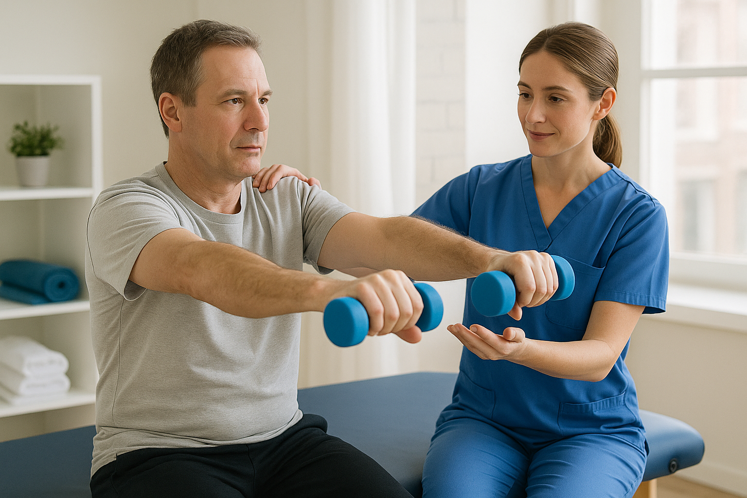 Patient working with physical therapist on shoulder rehabilitation exercises following surgical procedure recovery