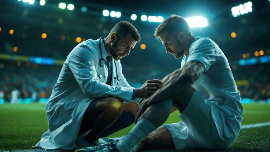 Team doctor assessing an athlete’s knee pain on the field during a game