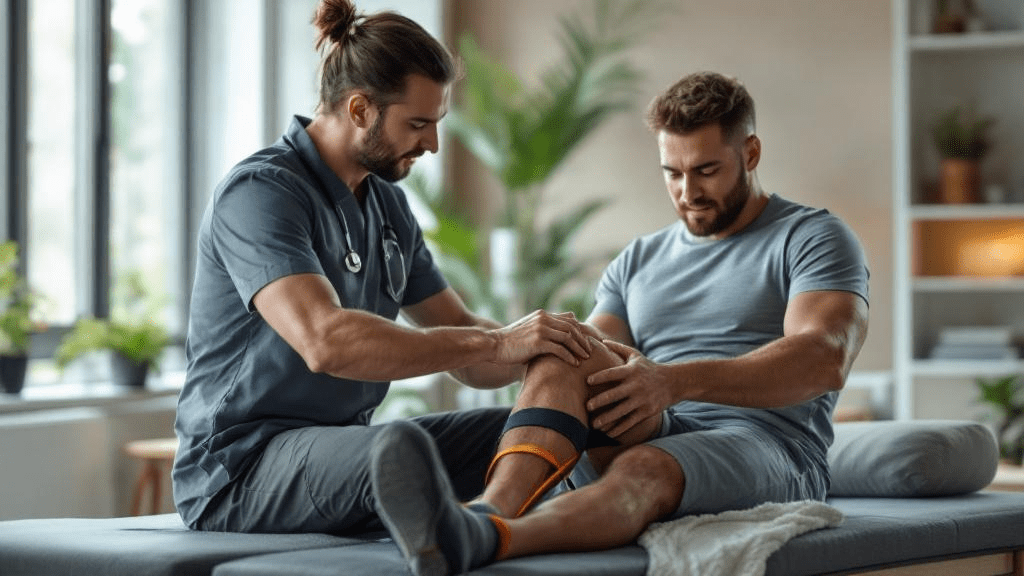 Clinician assisting a patient with resistance band knee strengthening exercise during rehab session.