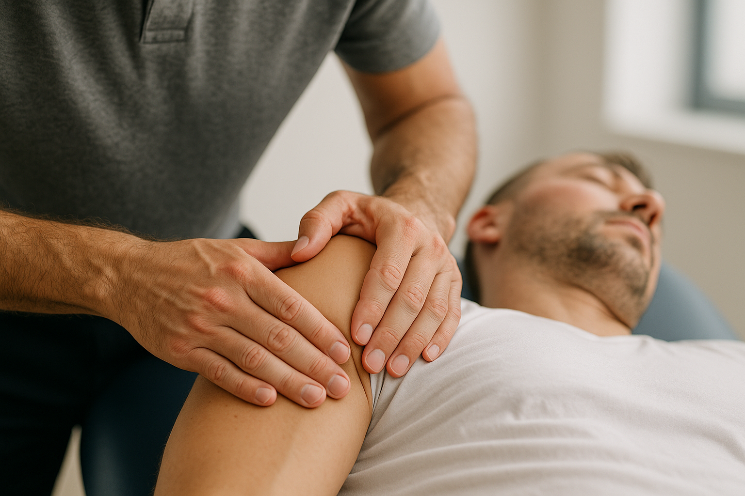 Skilled hands performing manual therapy on patient shoulder