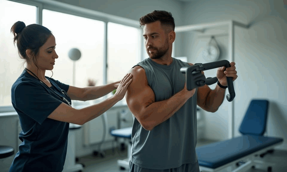 Licensed physical therapist guiding patient through rotator cuff rehabilitation exercises