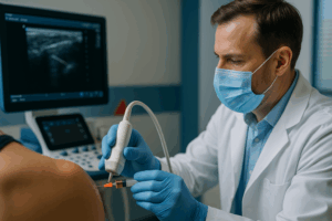 Medical professional administering regenerative therapy injection with ultrasound guidance at FSI clinic