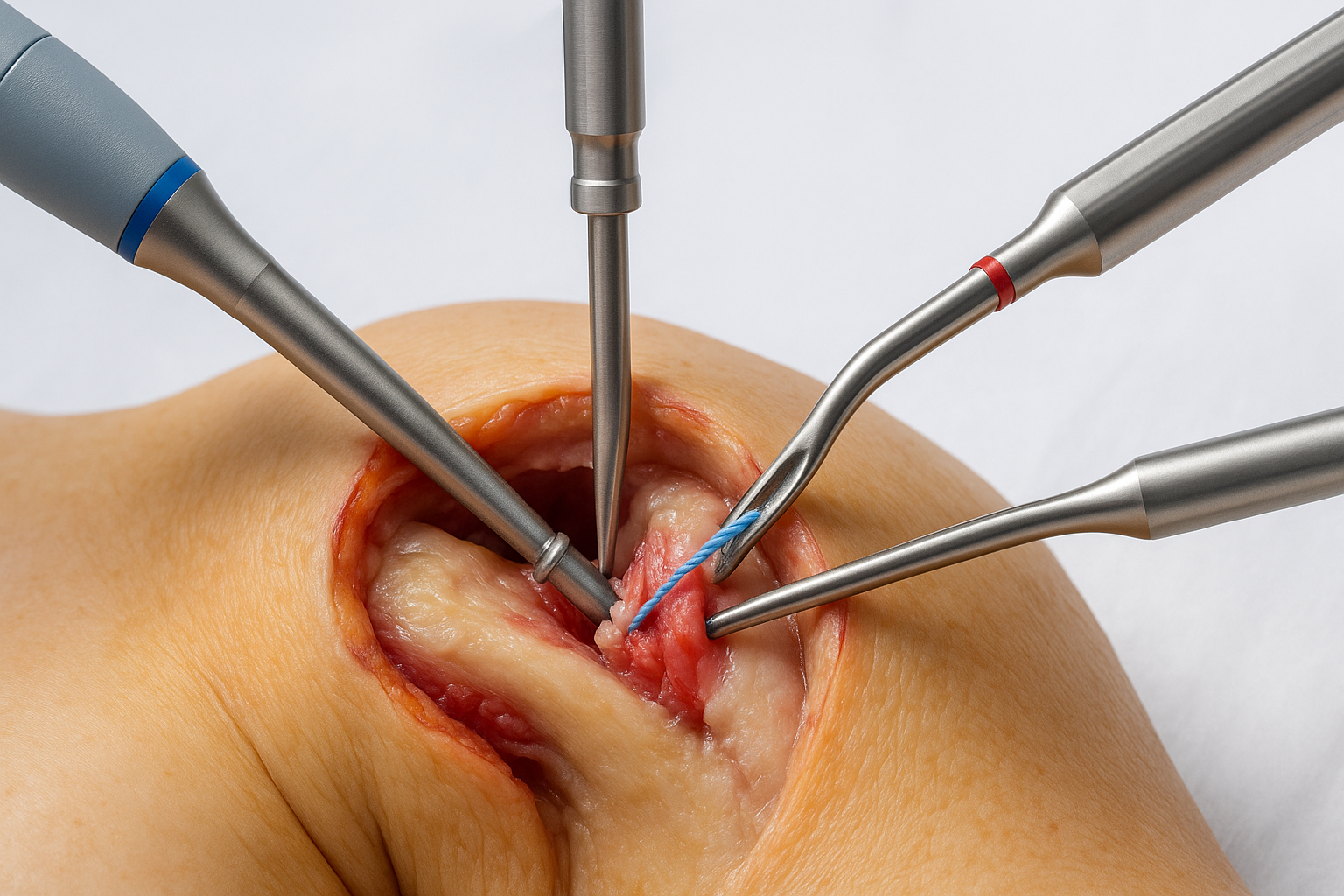 Close-up of essential rotator cuff repair surgery tools in action, showing advanced techniques and precision in shoulder treatment.