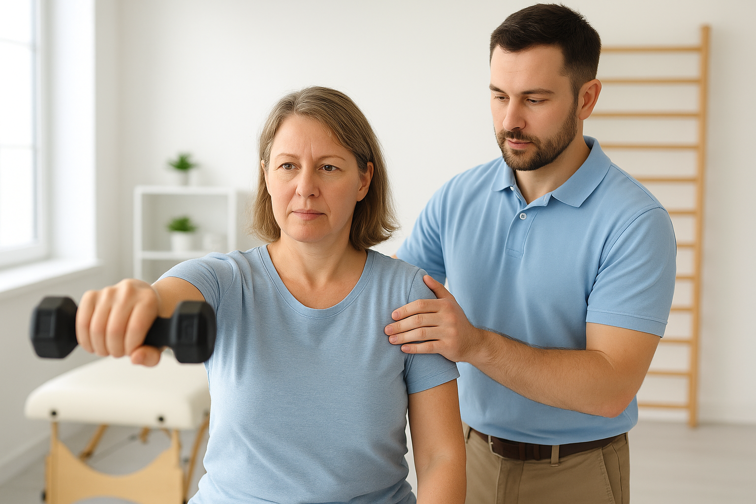 Patient undergoing professional physical therapy for rotator cuff surgery recovery at specialized rehabilitation center