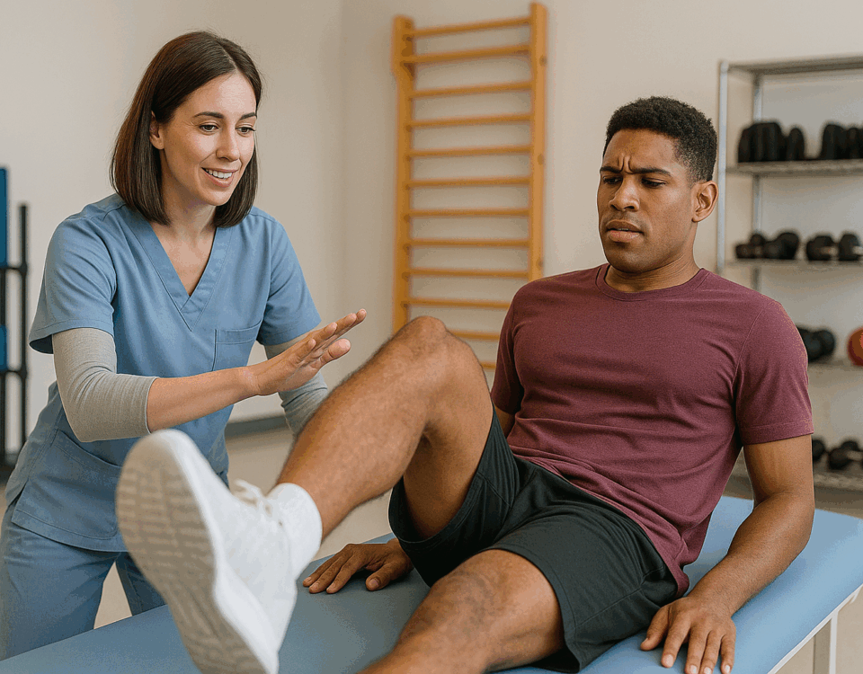 Doctor performing sports injury urgent care examination on athlete's knee
