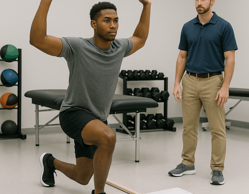 Athlete doing sports injury urgent care return-to-play functional movement testing