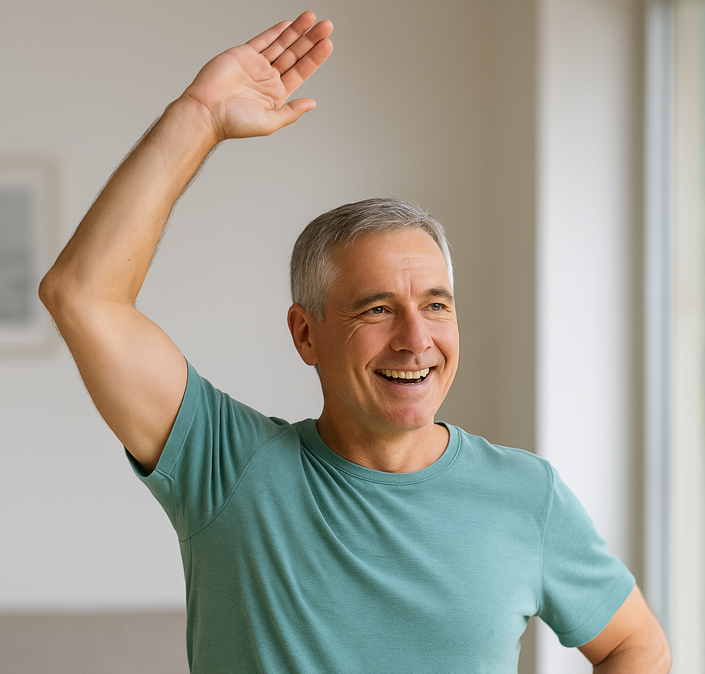 Recovered patient demonstrating complete shoulder range of motion after surgery