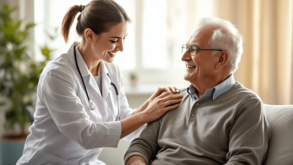 Female clinician speaking with older male patient while offering supportive shoulder contact in a calm medical setting.