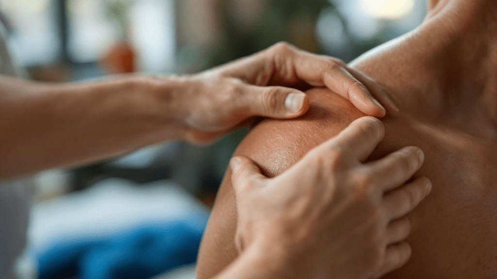 Hands assessing shoulder mobility and pain during a clinical manual exam