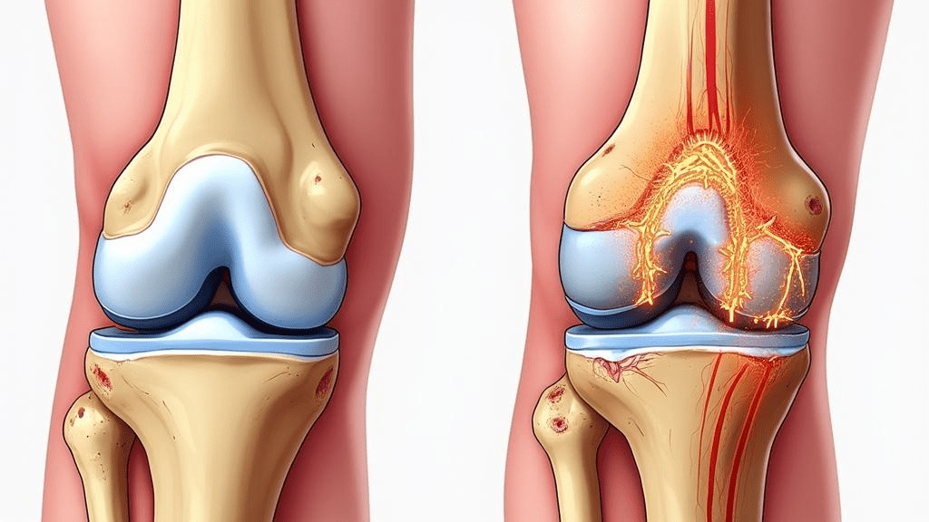 Medical diagram comparing healthy joint to arthritic joint showing cartilage deterioration