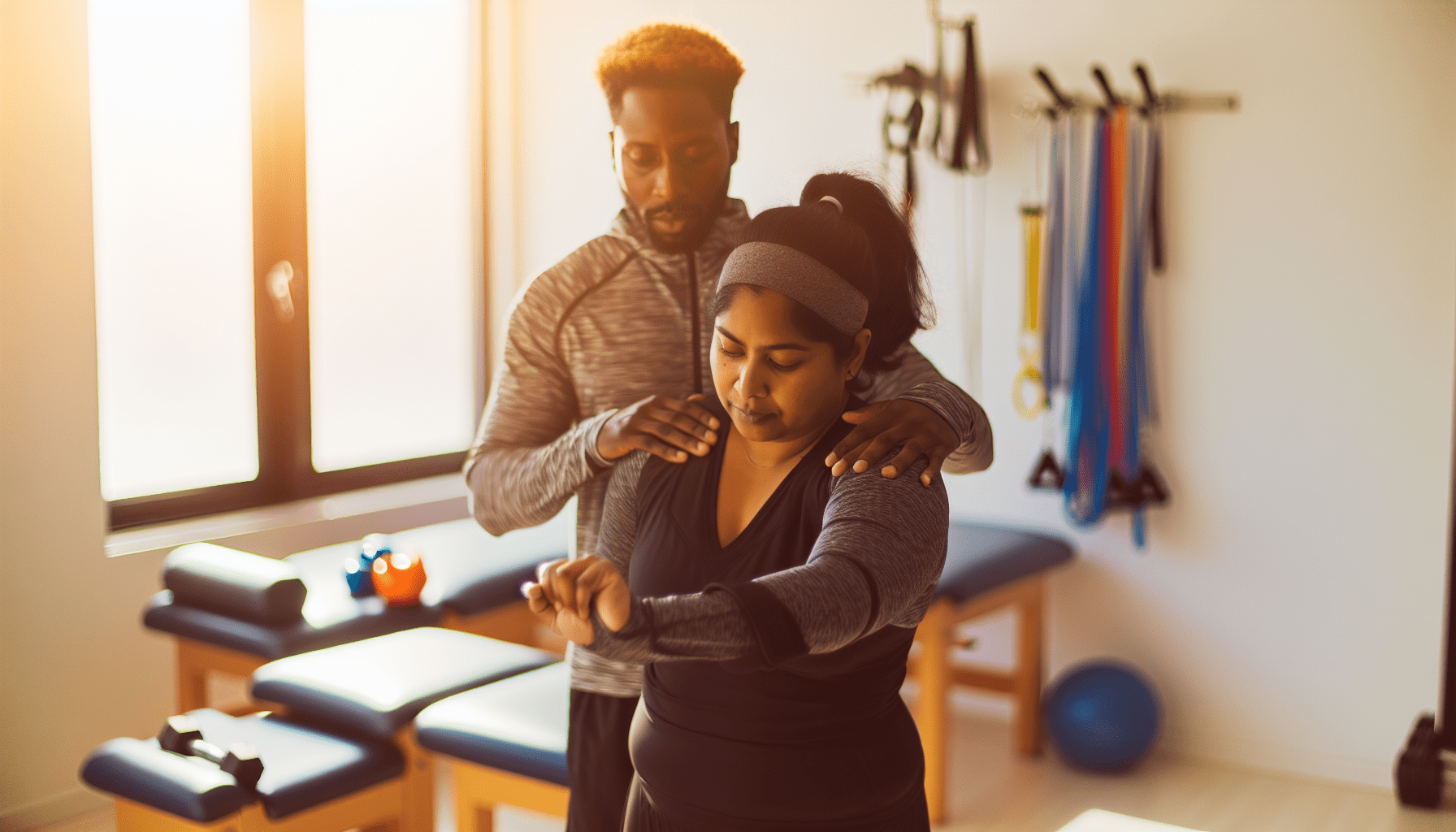 Patient performing shoulder rehabilitation exercises with physical therapist guidance