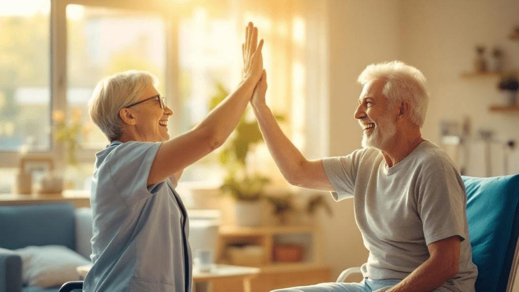Smiling patient high-fiving a healthcare professional during a successful rehab session