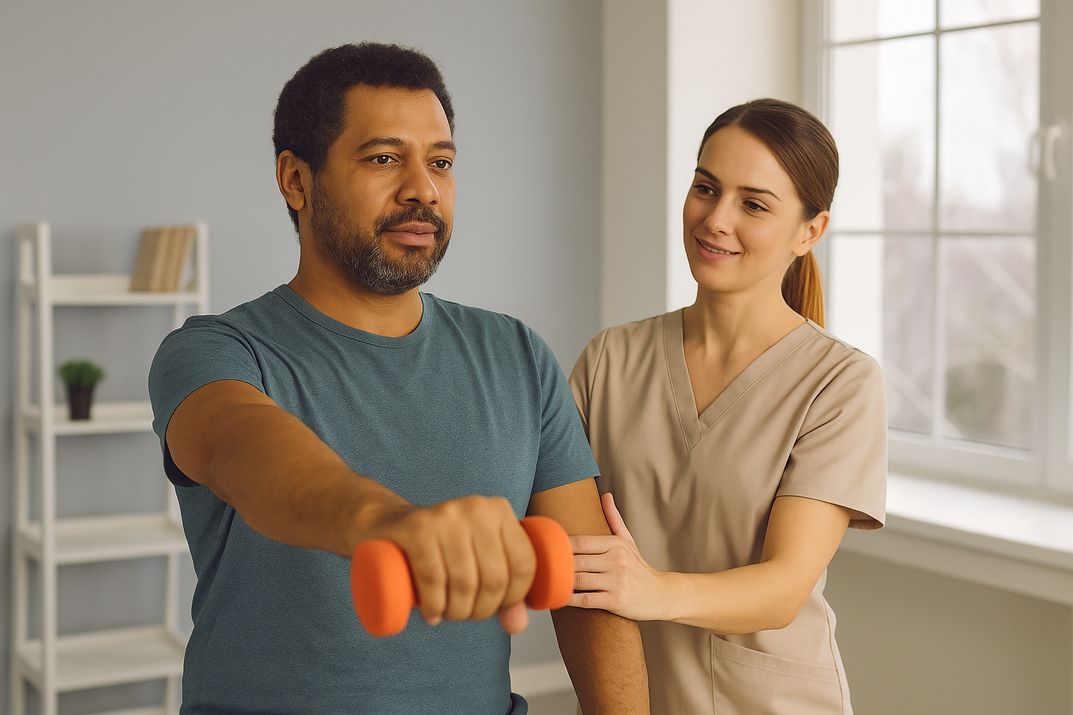 Physical therapist guiding patient through rotator cuff exercises