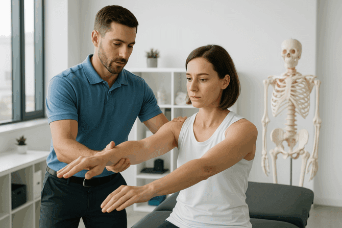 Shoulder surgery physical therapy session with expert guidance