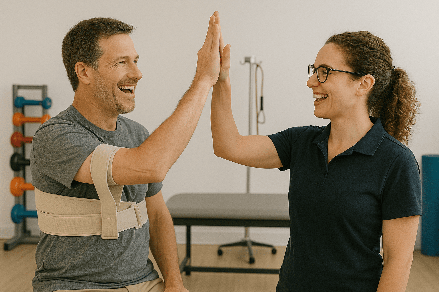 Patient celebrating recovery milestone with physical therapist
