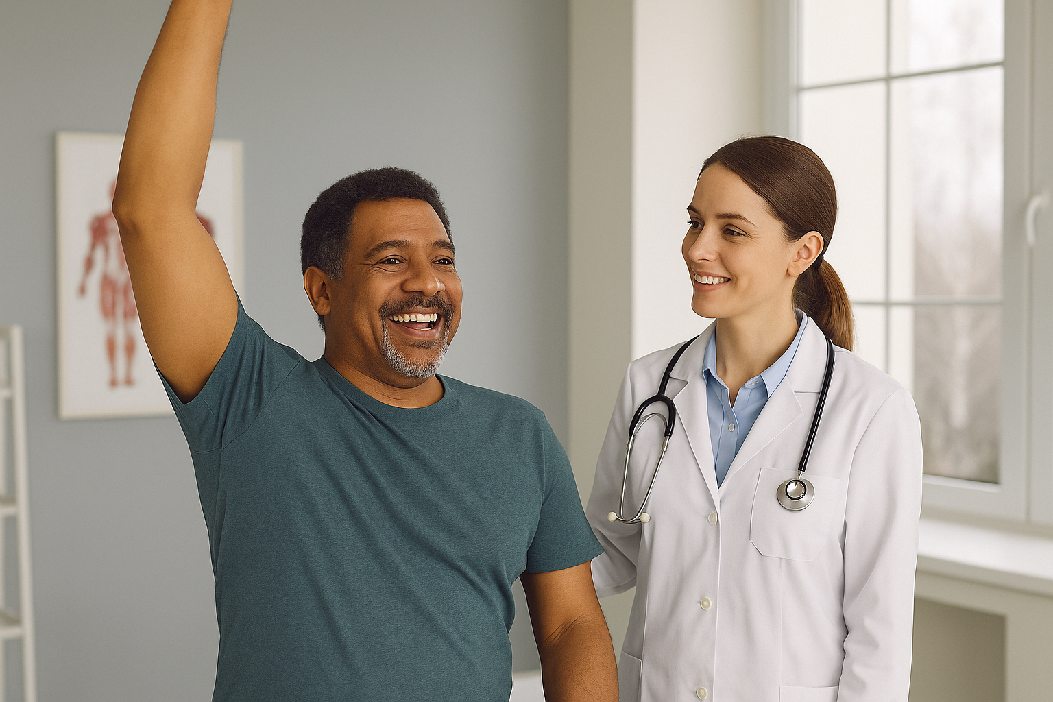 Patient demonstrating complete shoulder mobility after treatment