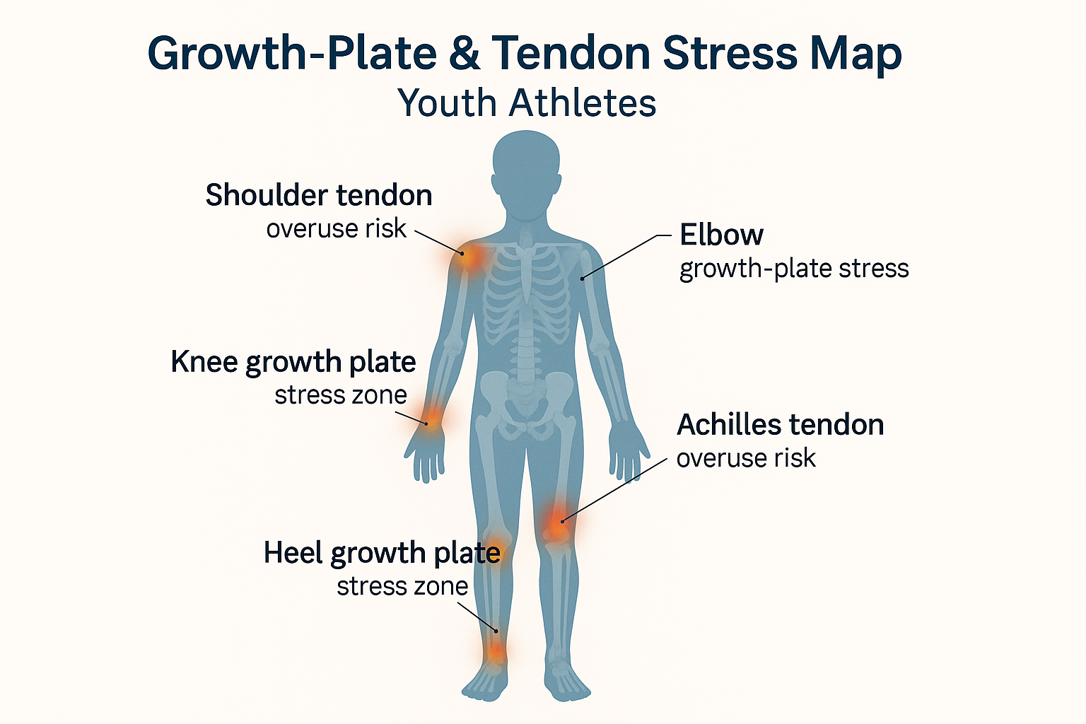 Teen sports overuse injuries anatomical diagram showing common injury locations in teen athletes including growth plates and tendons
