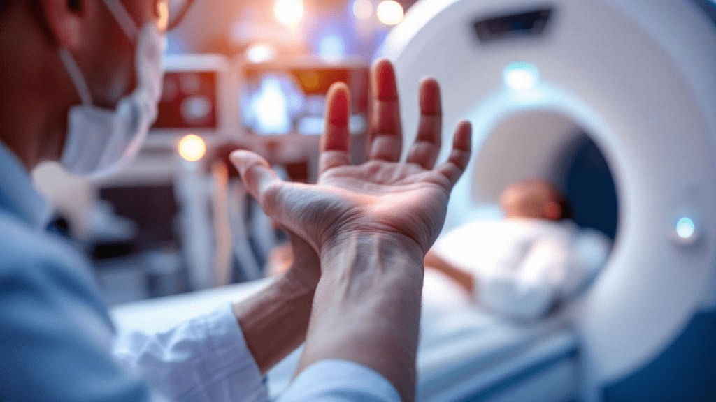 Close-up medical examination of athletic wrist injury with diagnostic equipment in modern orthopedic facility