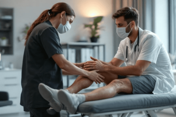 Sports Injury Consultation Florida Orthopedic Specialist Florida Sports Injury Board certified orthopedic surgeon evaluating athletes sports injury during clinical examination at Florida Sports Injury Institute